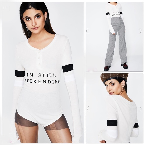 Wildfox I’m Still Weekending off white waffle knit graphic print bodysuit - Picture 1 of 8